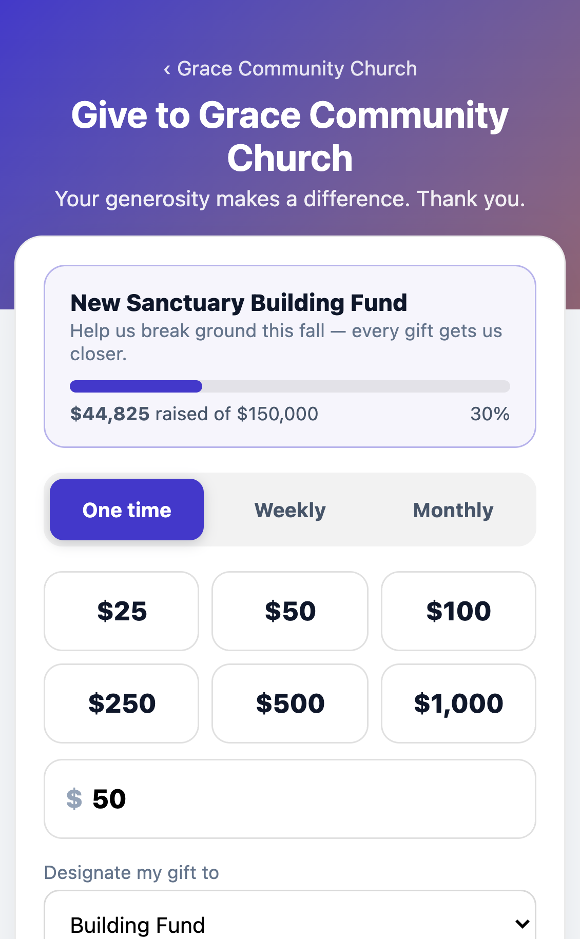 Text-to-give on a phone: texting an amount returns the giving link with the amount pre-filled