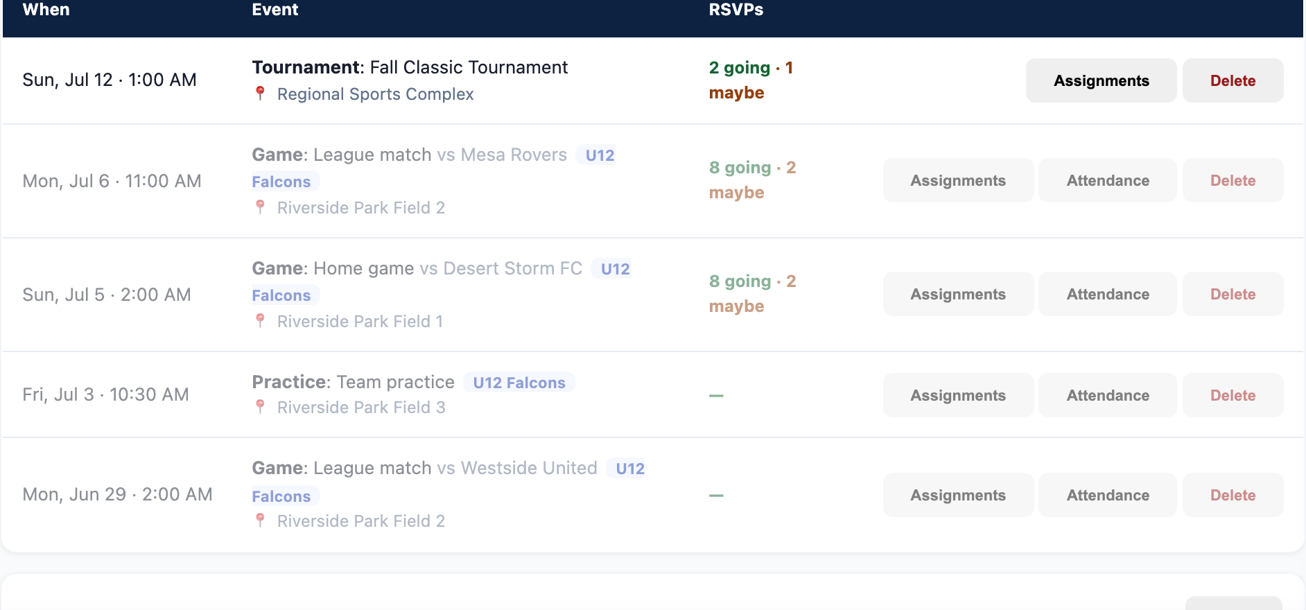 Schedule admin with a live game score, RSVPs, and the lineup builder with starters and bench